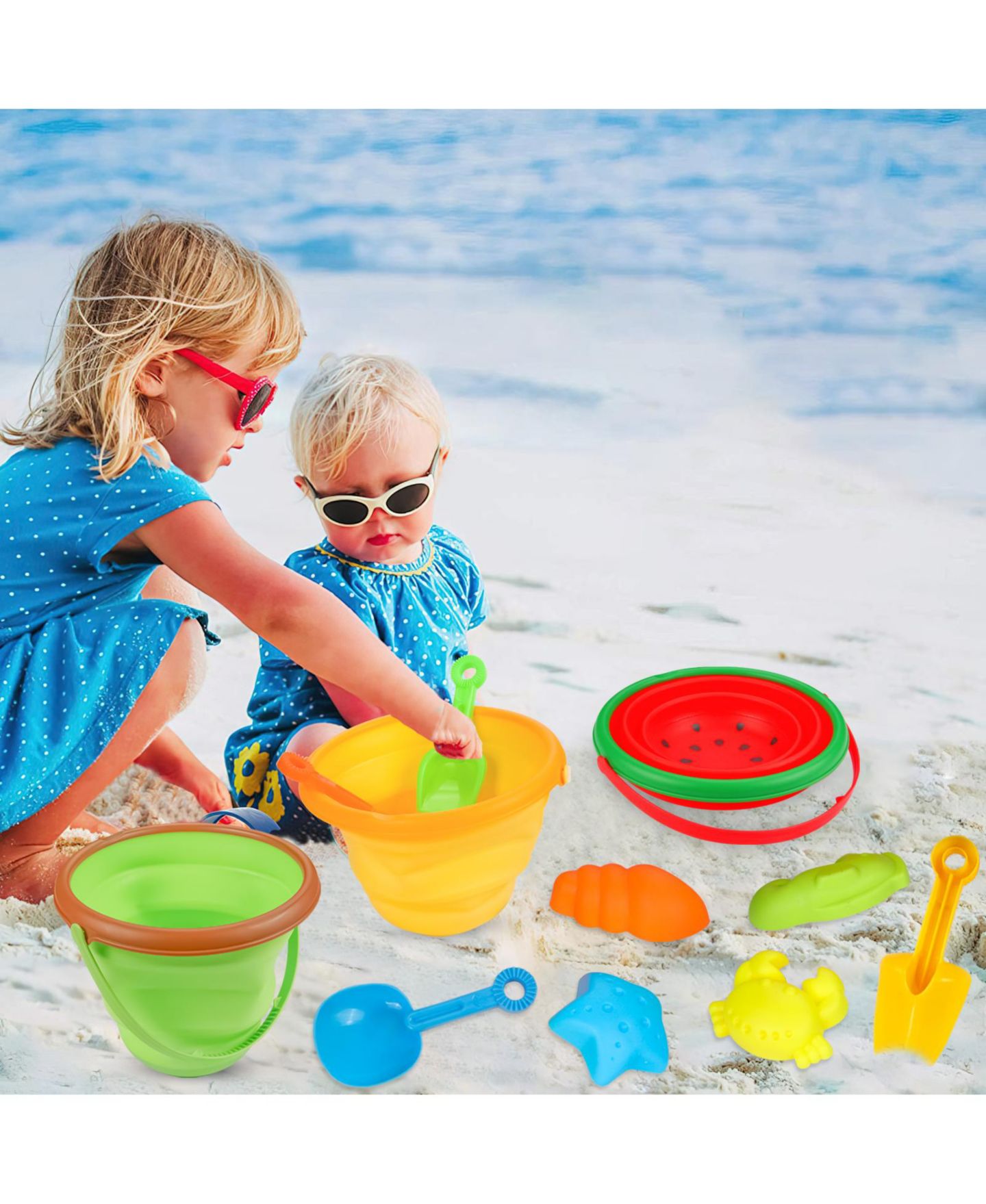 Детские игрушки homfan Silicone Collapsible Bucket, Shovels and Molds Set, 2.5-Liter Capacity, Ages 3-7 — фото 7