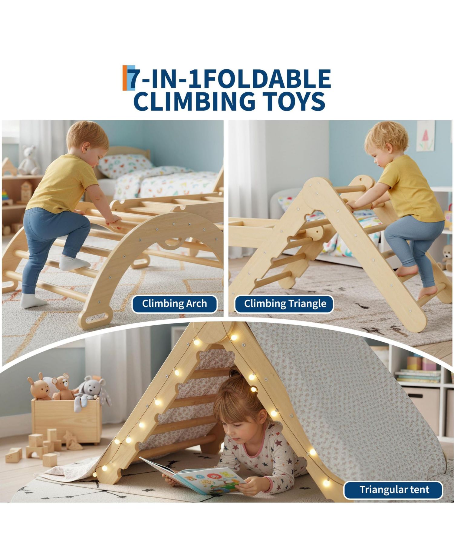 7-in-1 Educational Wooden Climbing Frame Triangle Climbing Set for Toddlers – Collapsible Triangle, Arch, Ramp and Ladder