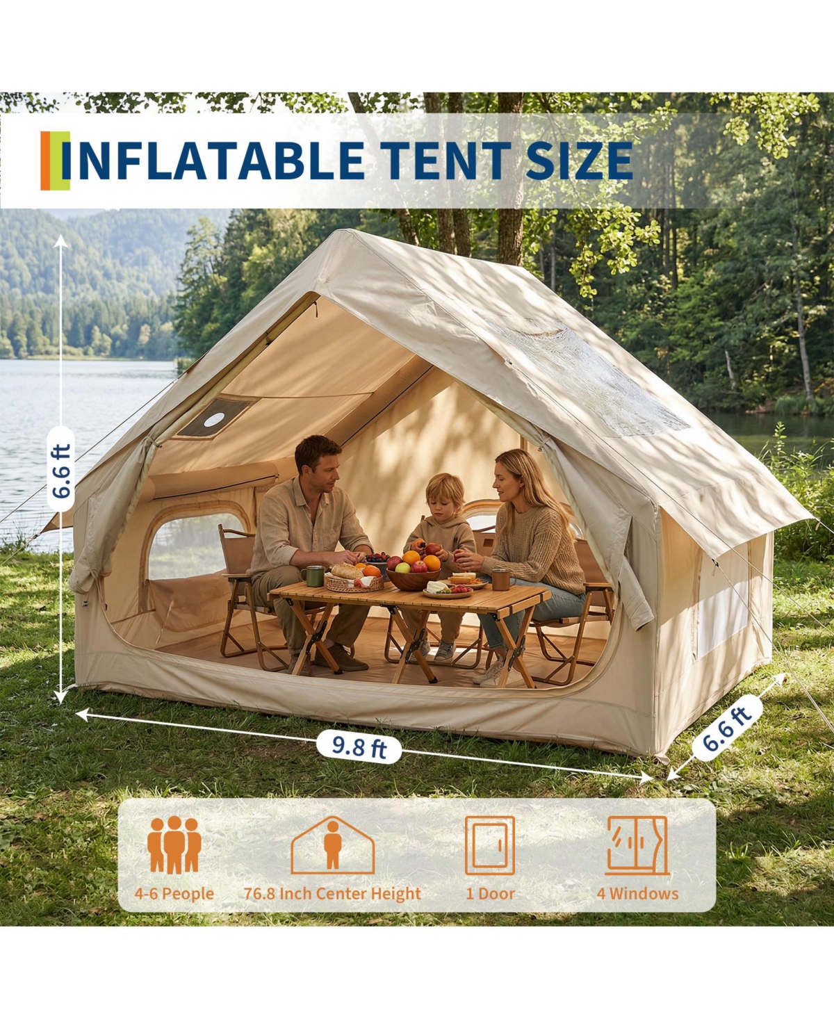 gaomon Large 6-square-meter inflatable camping tent, portable Oxford fabric tent air cushion with mesh screens, fits 2–6 people