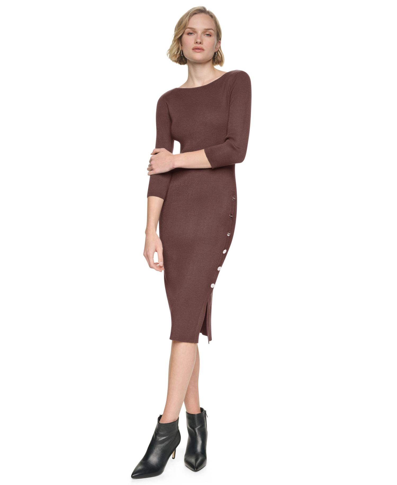 Women's Boat Neck Ribbed-Knit 3/4-Sleeve Dress