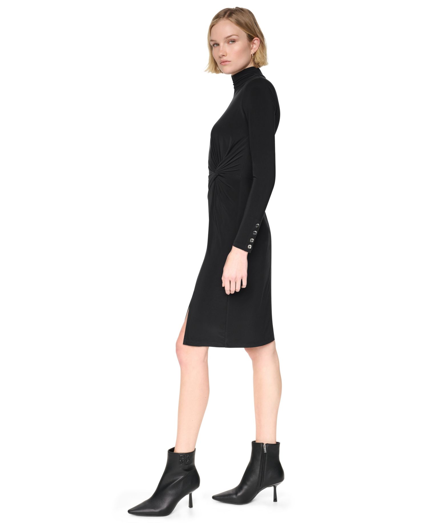 Women's Long-Sleeve Mock-Neck Knot-Front Sheath Dress