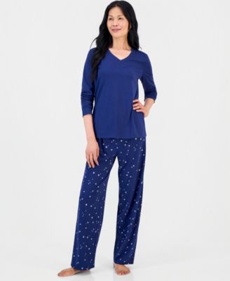Women's Cotton-Blend Long Sleeve V-Neck Pajama Pant Set