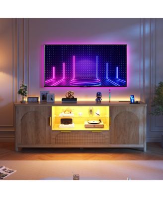 63" Fluted TV Stand with Charging Station, LED Lights and Adjustable