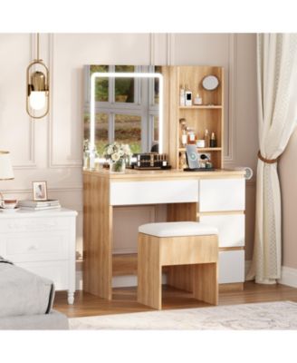Vanity Desk with LED Mirror, 4 Drawers, Power Outlet, Shelves and Storage Stool, Makeup Vanity Set for Bedroom