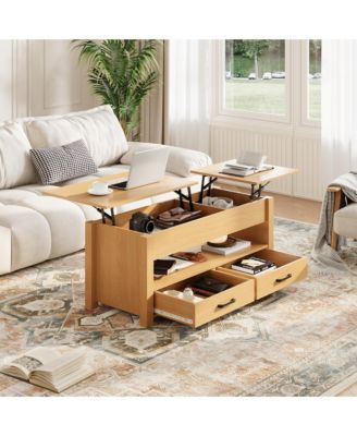 Lift-Top Coffee Table with 2 Drawers, Hidden Compartment and Open Shelf, Convertible Living Room Center Table, Engineered Wood