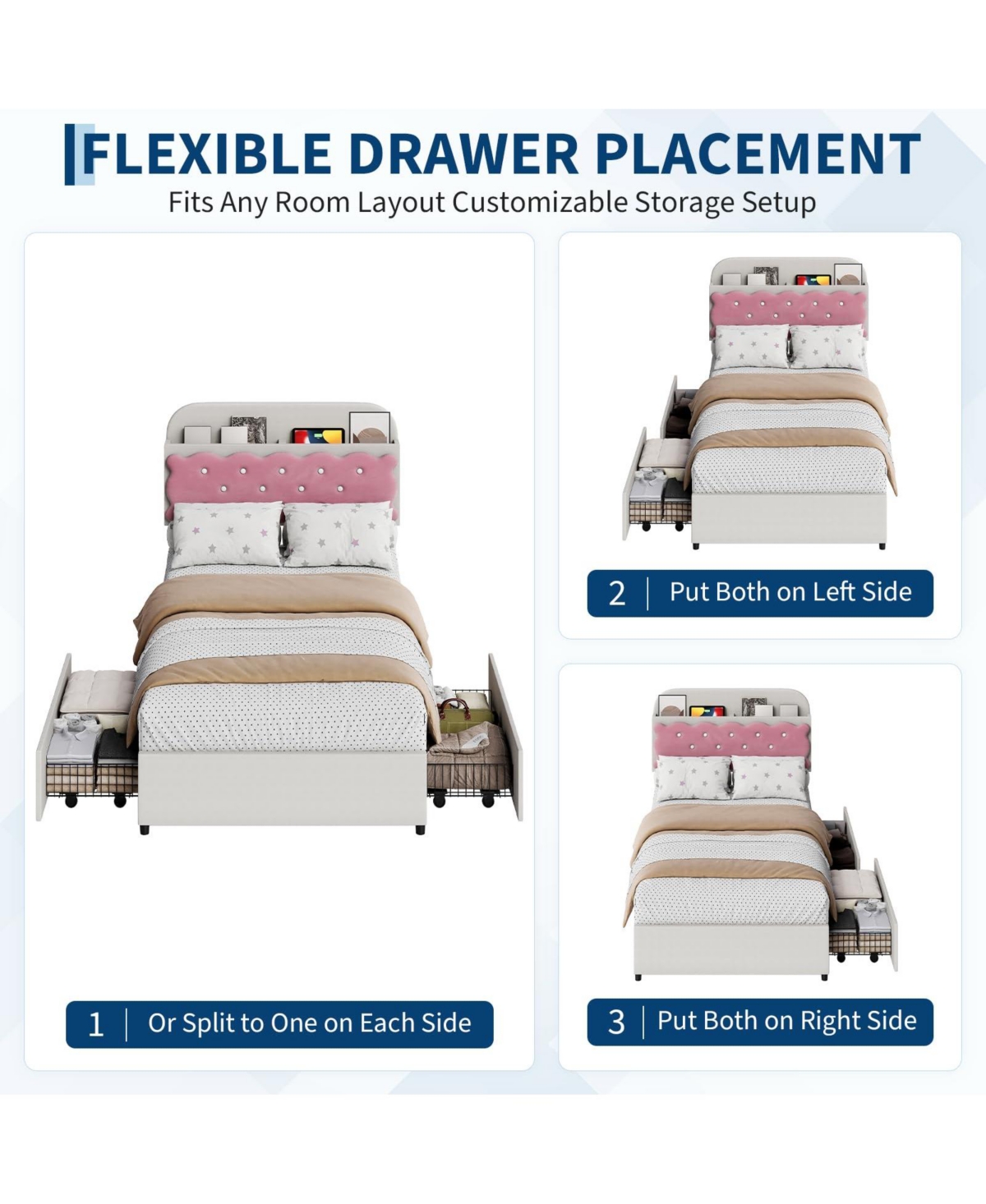 Velvet Upholstered Platform Bed with Biscuit Tufted Storage Headboard, Drawer, Sturdy Wood Slats, No Box Spring Needed
