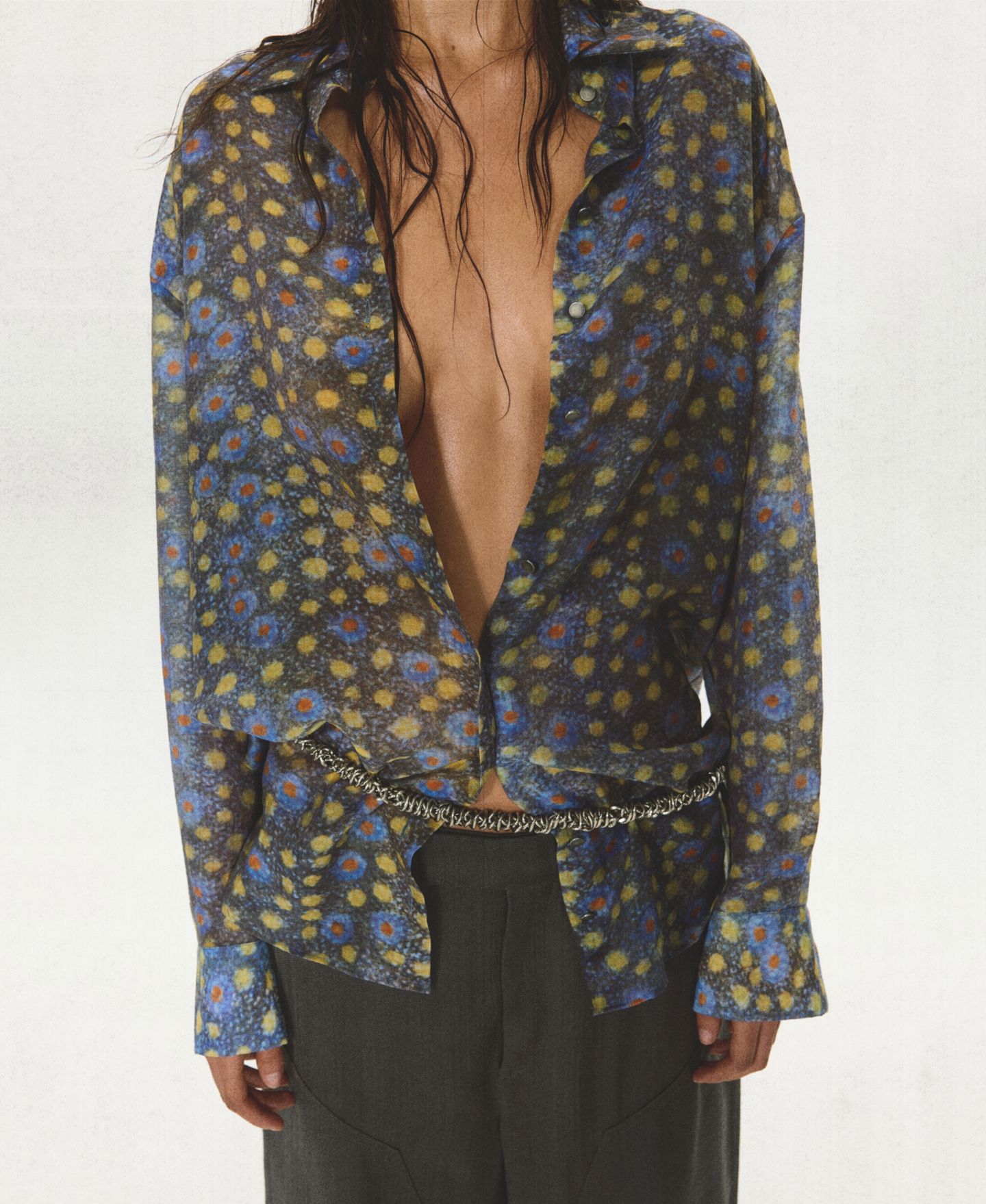 Женская блузка Mango Semi-Sheer Long-Sleeve Printed, цвет: Чёрный — фото 9