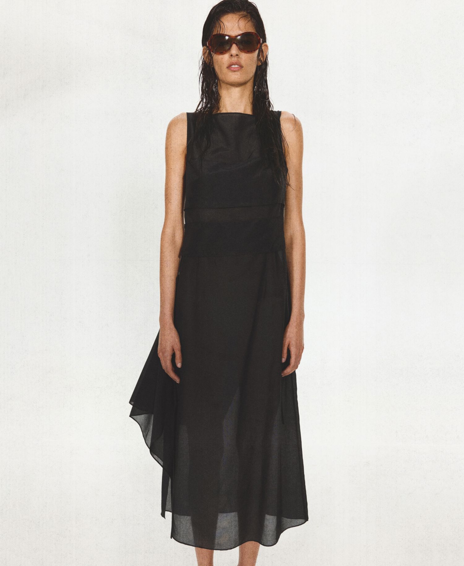 Women's Asymmetrical Overlay Semi-Sheer Midi Dress