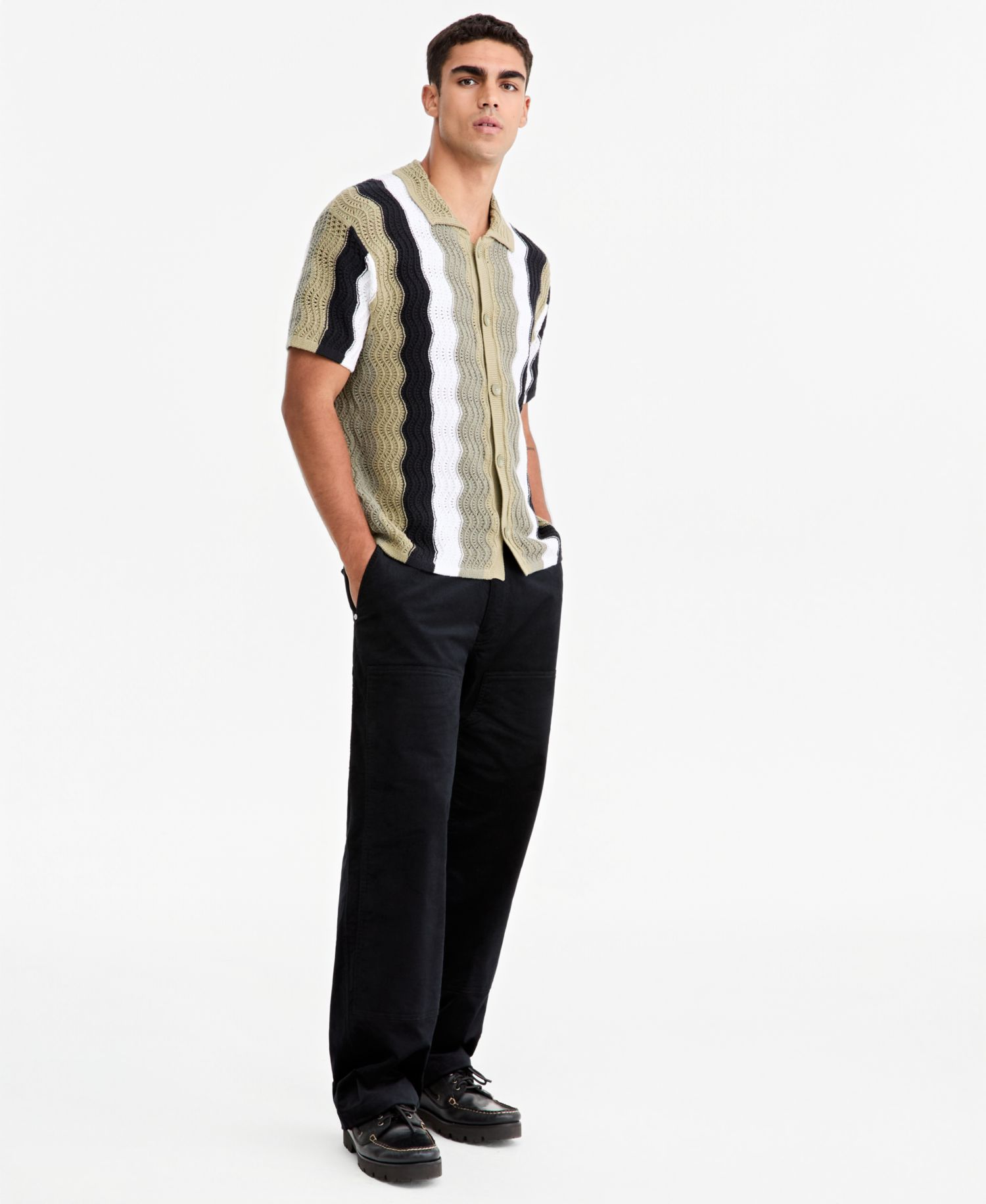 Men's Lightweight Open-Knit Wave Polo Sweater