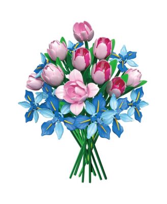 BK08 Tulip & Iris Flower Bouquet Building Set, 428-Piece Pink & Blue Floral Brick Kit with Adjustable Stems, Creative Home D&eacute;cor Gift, Ages 8+
