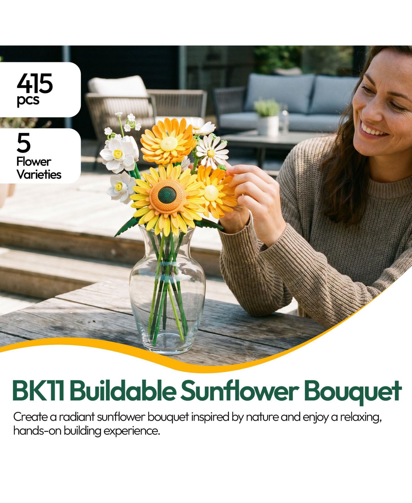 Детский конструктор Contixo BK11 Sunflower Bouquet Building Set, 415-Piece Yellow Floral Brick Kit with Daisies, Daffodils & Adjustable Stems, Creative Home Décor Gift, цвет: Жёлтый / Белый — фото 9