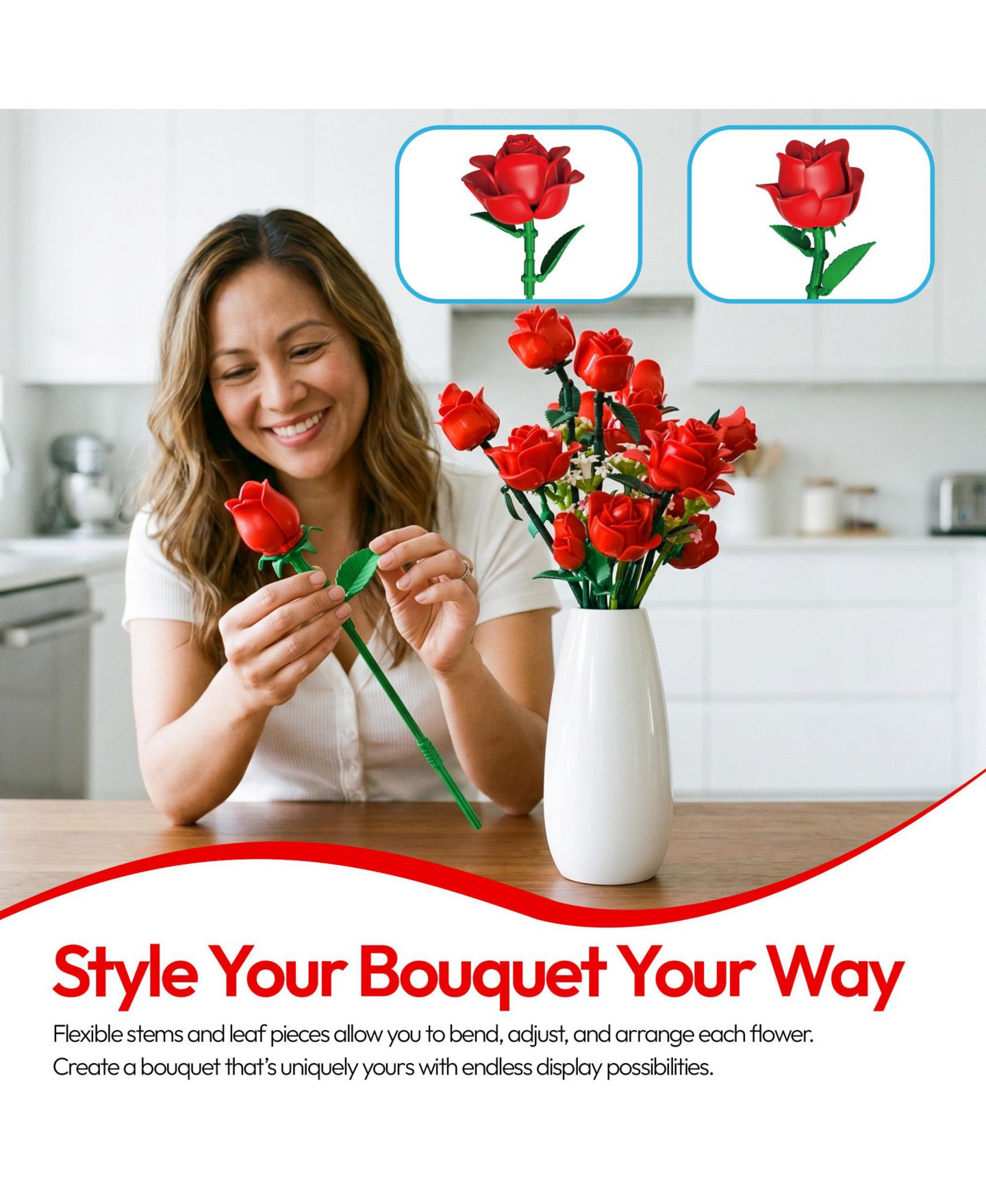 Детский конструктор Contixo BK09 Rose Bouquet Building Set, 789-Piece Red Rose Floral Brick Kit with Adjustable Stems, Romantic Home Décor Gift for Kids & Adults Ages 8+, цвет: Красный — фото 8