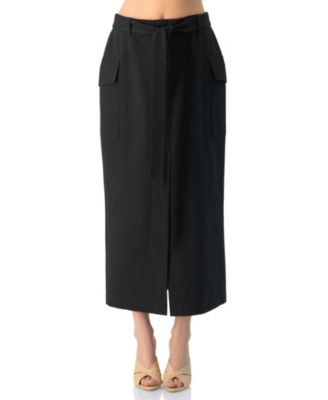 Women's High-Waisted Belted Side-Slit Midi Skirt