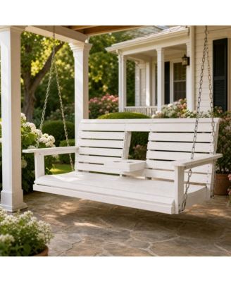 5 Ft Poly Lumber 3-Seat Porch Swing, HIPS Bench Swing with Foldable Cup Holders,High Backrest and Deep Contoured Seat