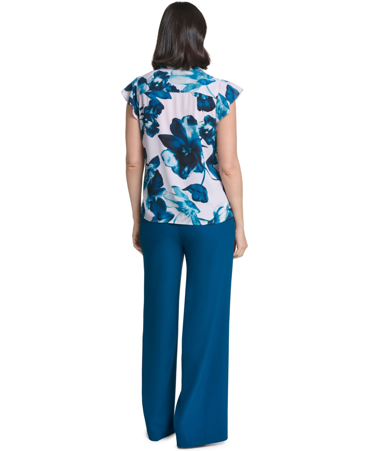 Women's Ruffle Front Floral Collared Blouse