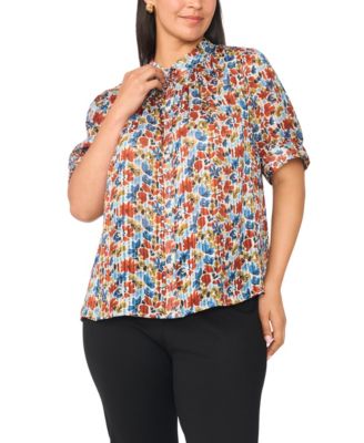 Plus Size Floral Short Puff-Sleeve Mock-Neck Blouse
