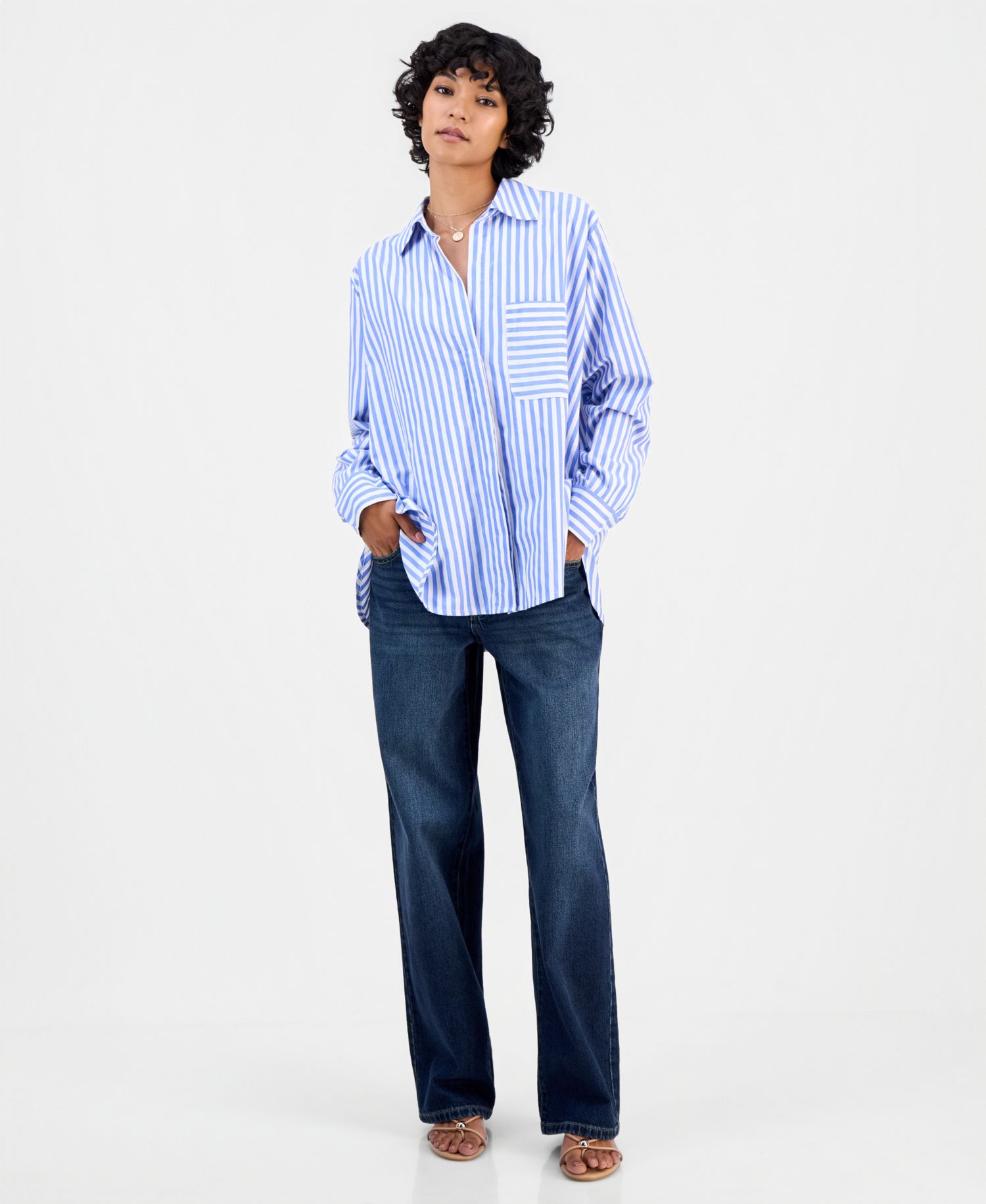 Women's Striped Long-Sleeve V-Neck Button-Down Shirt