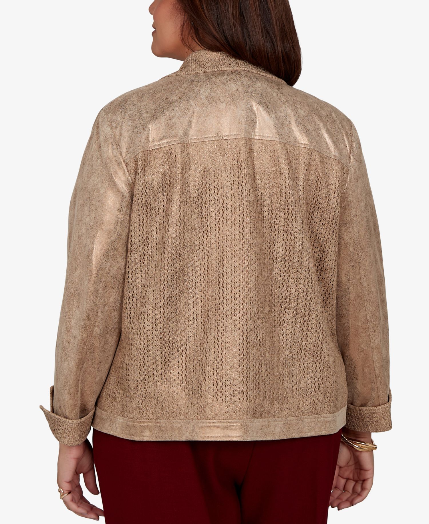 Plus Size Union Square Mixed Media Knit Back 3/4-Sleeve Zip-Front Jacket