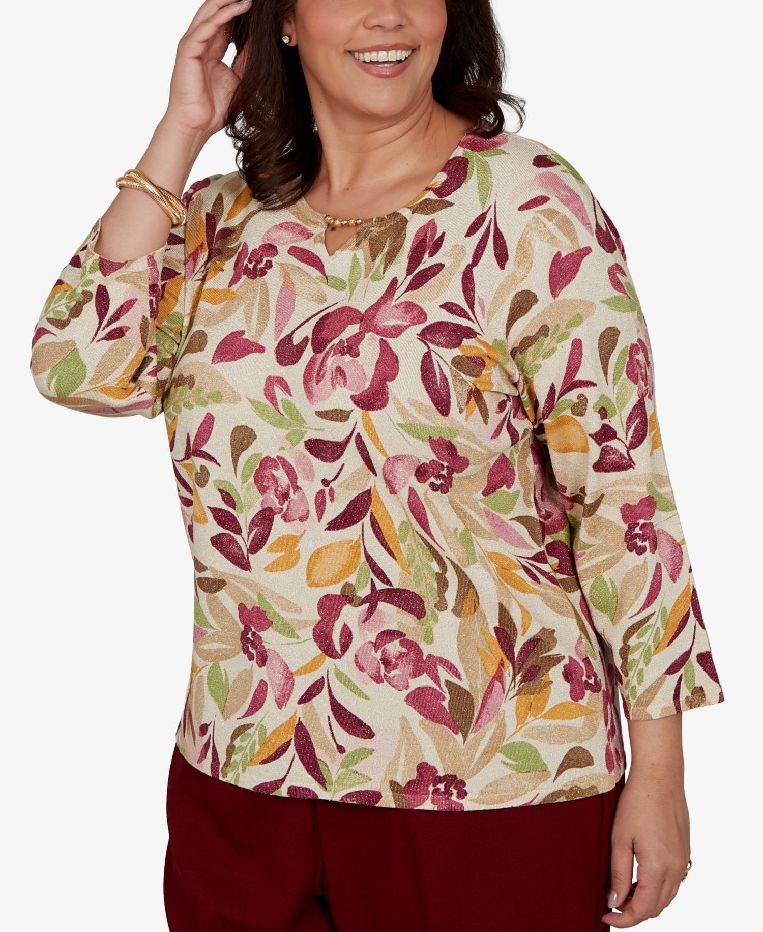 Plus Size Union Square Floral-Print 3/4-Sleeve Shimmer Sweater