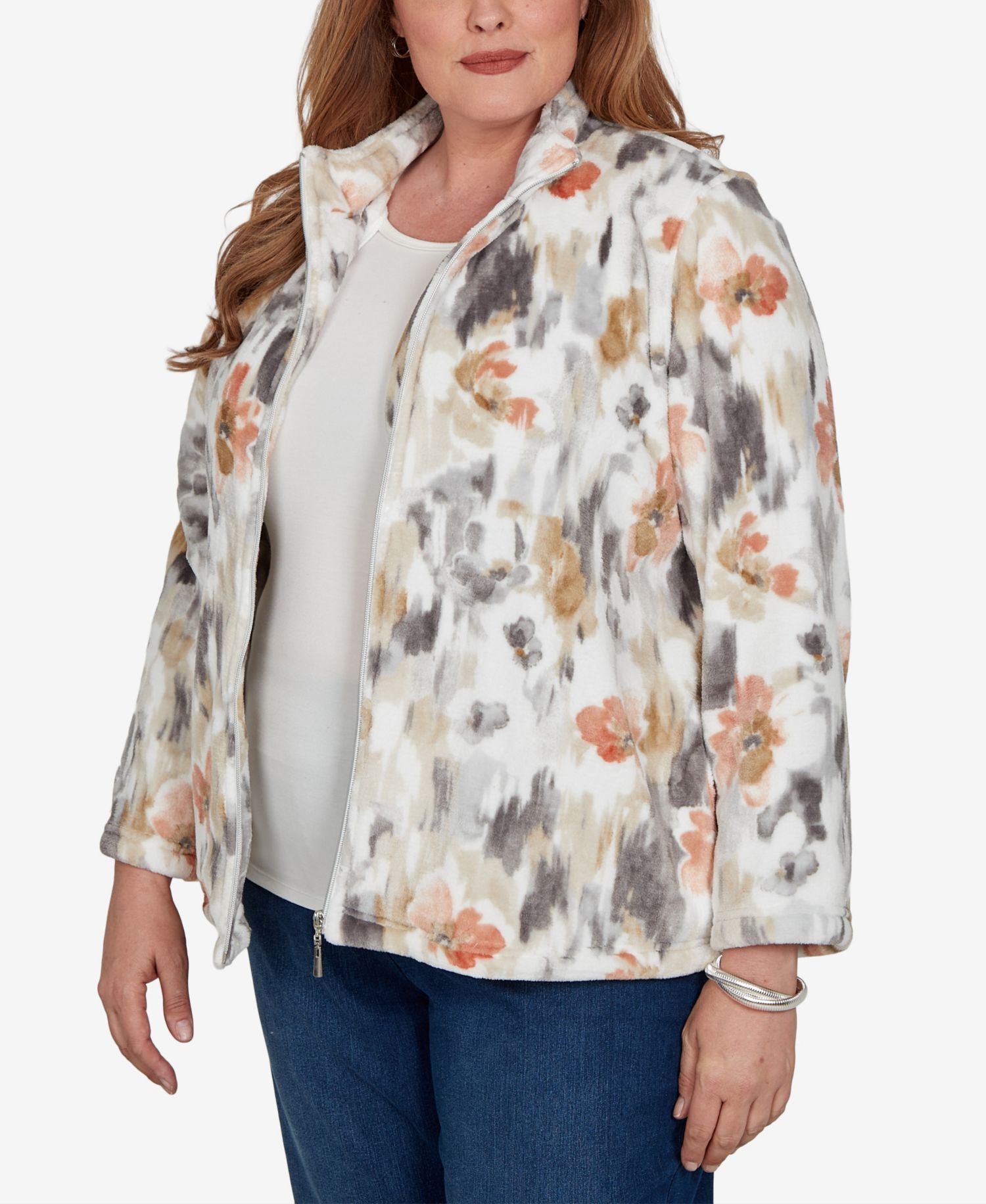 Plus Size Watercolor-Floral Cozy-Fleece Zip Jacket