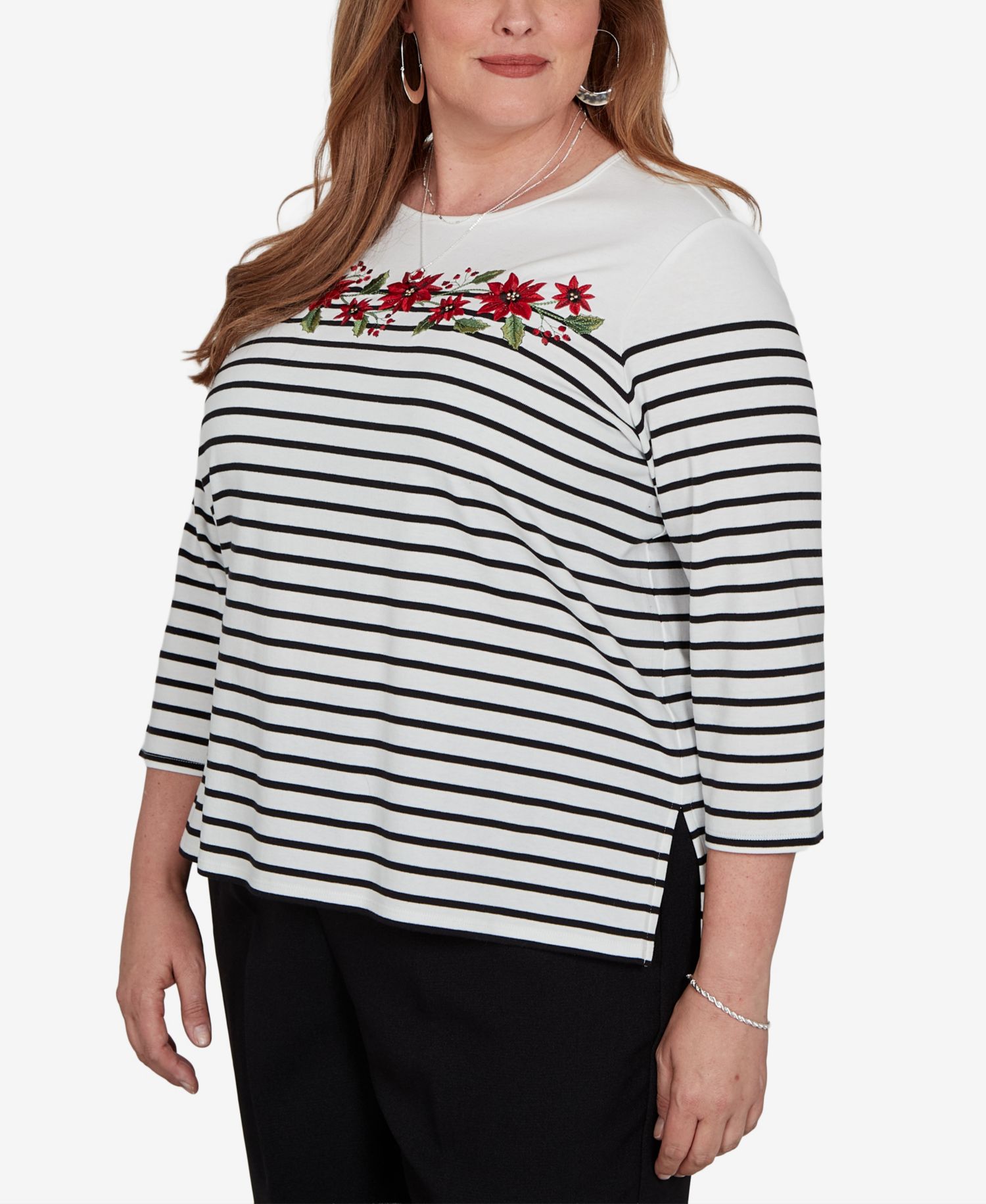 Plus Size Stripe 3/4-Sleeve Crewneck Knit Top
