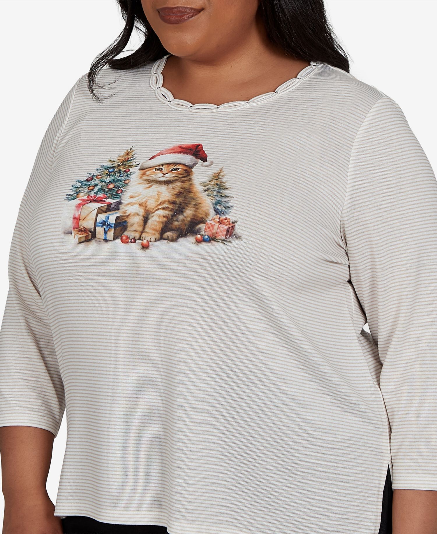 Plus Size Santa Cat 3/4-Sleeve Knit Top