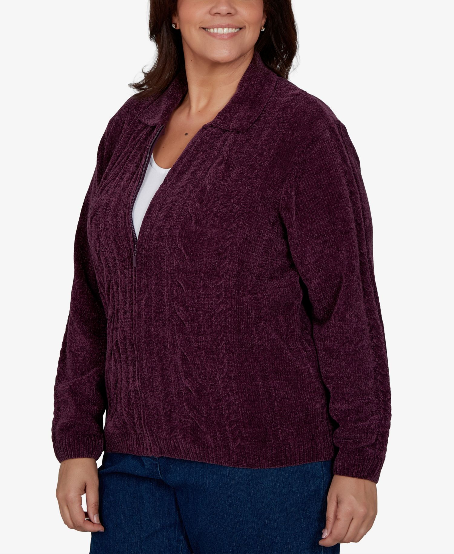 Plus Size Cable-Knit Chenille Full-Zip Cardigan