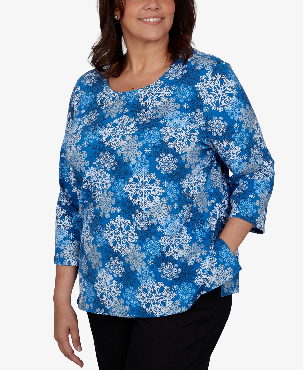 Alfred Dunner Plus Classic Blue Snowflake Print Knit Top