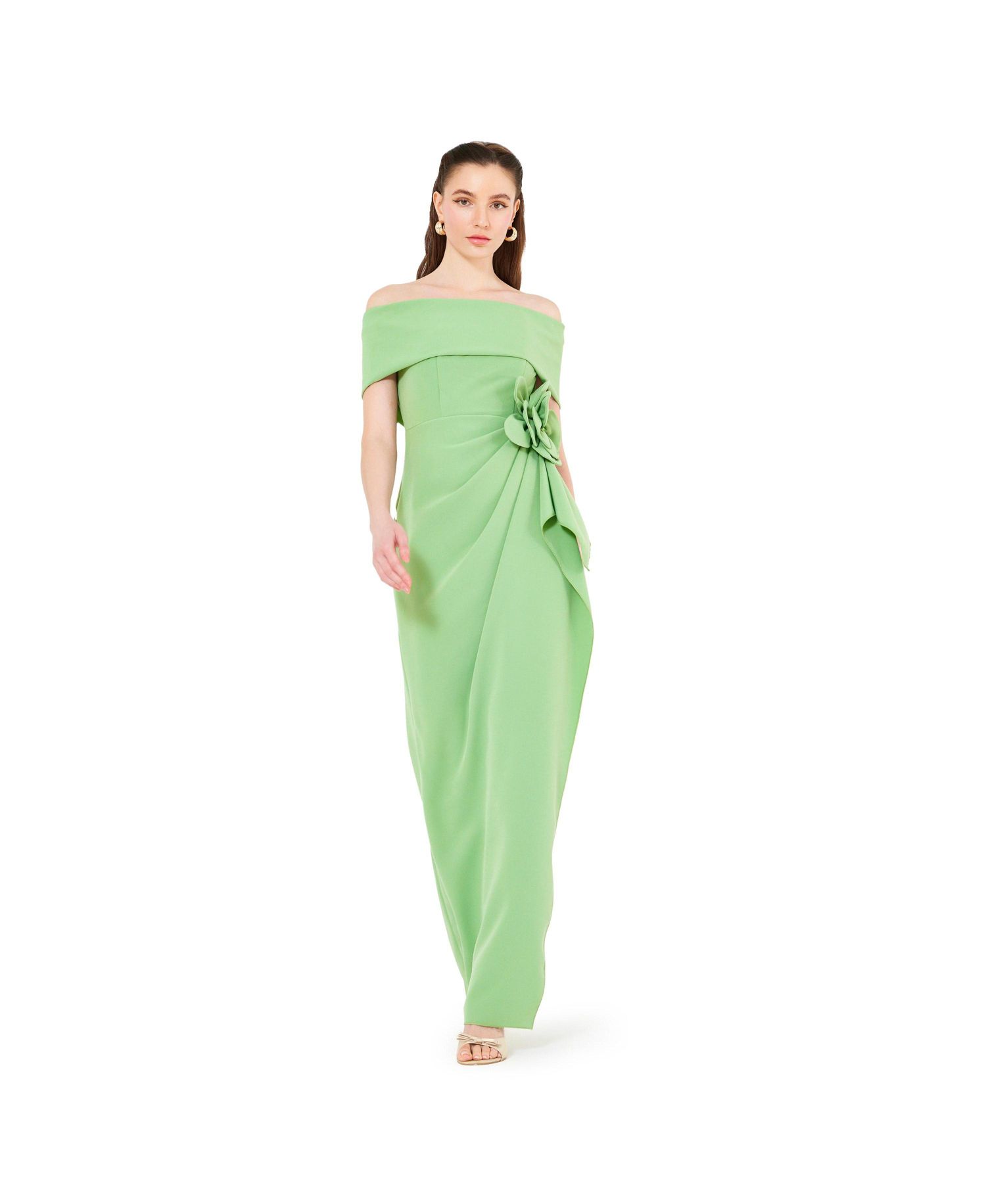 Bardot Neckline Floral Applique Pleated Gown