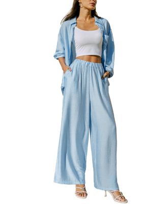 Women's Wide-Leg Long-Sleeve Collared 2-Piece Pant Set