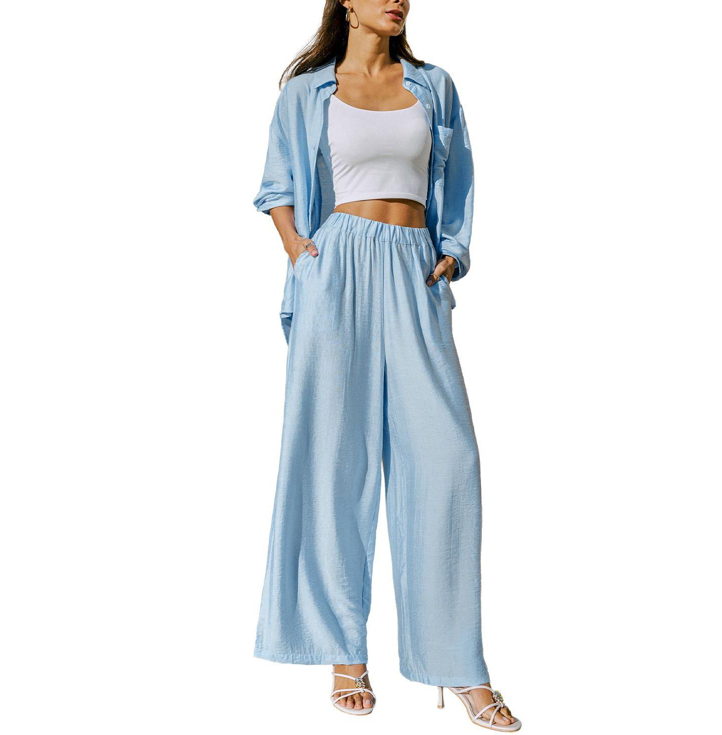 Женский комплект Cupshe Wide-Leg Long-Sleeve Collared 2-Piece Pant Set, цвет: Пастельный синий — фото 1