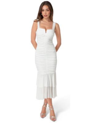 Women's V-Neck Ruched Mesh Midi Dress