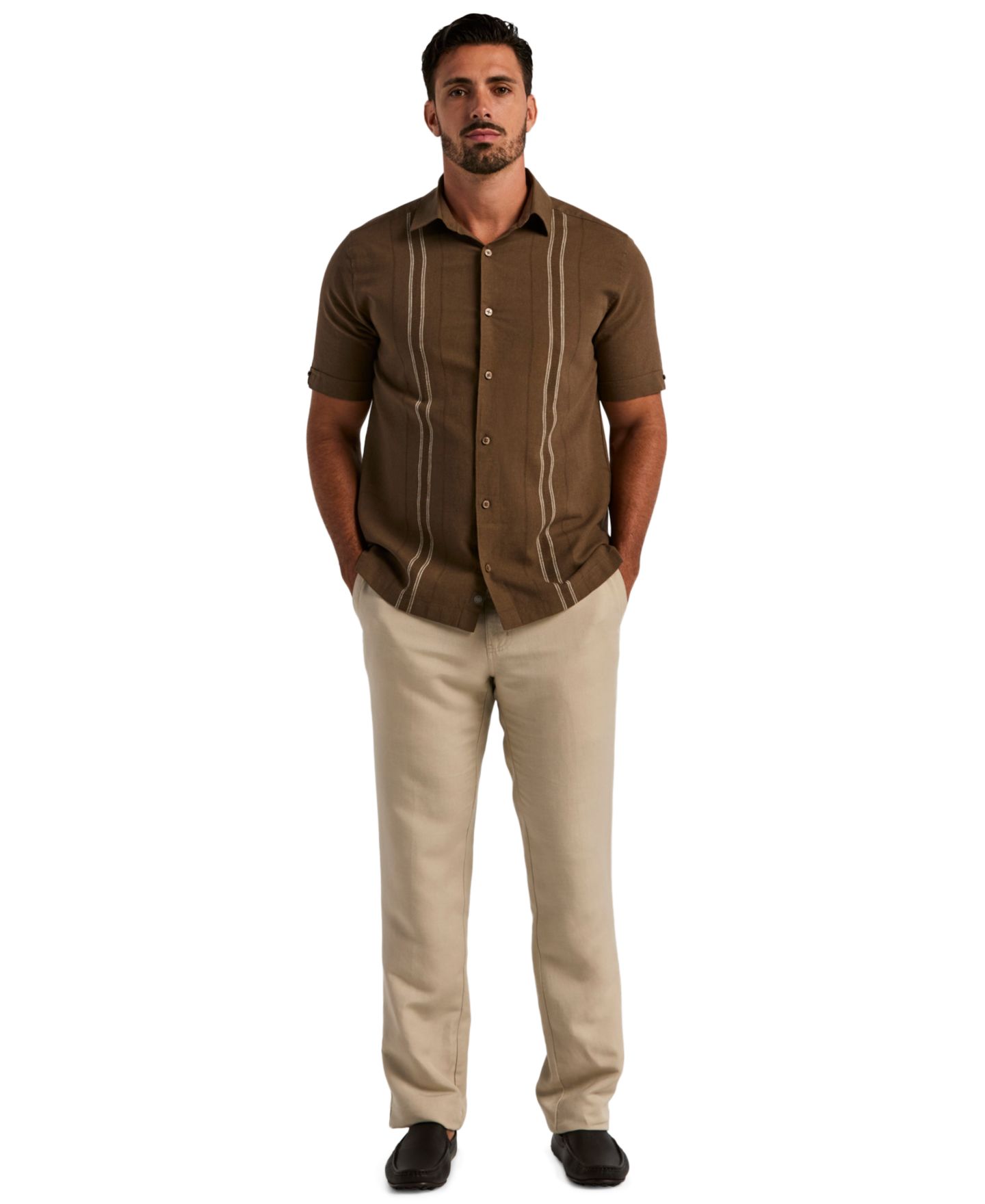 Мужская рубашка Cubavera Linen Blend Dobby Panel, цвет: Шоколадный — фото 2