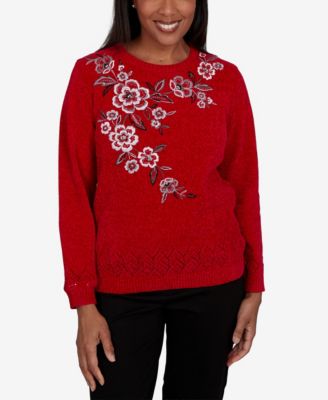 Petite Embroidered Floral Textured Chenille Sweater