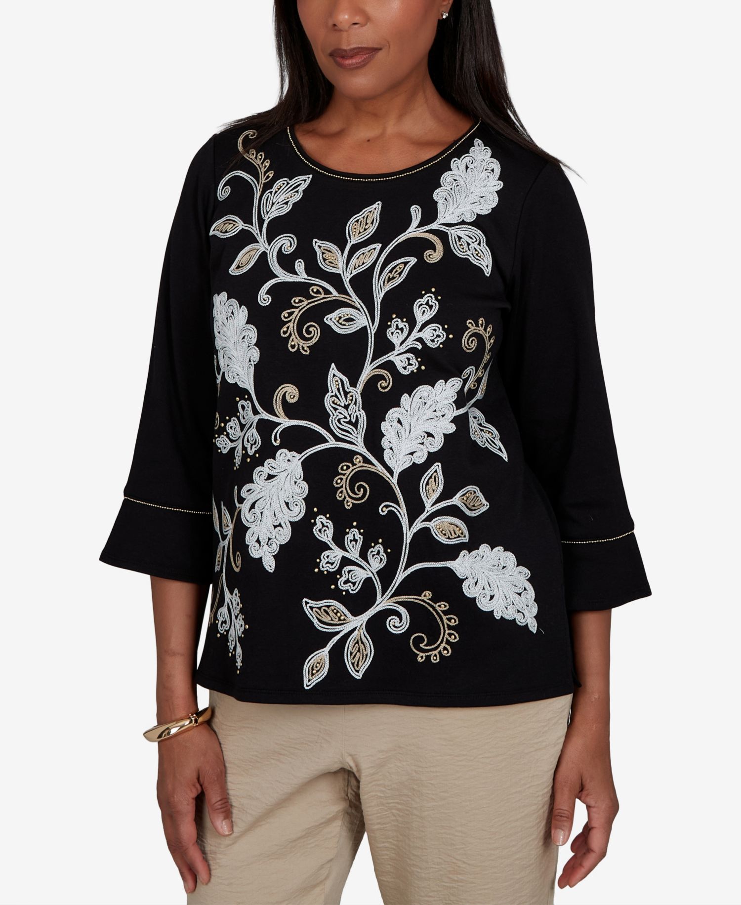Petite Travel Advisory Scroll Leaf Embroidered 3/4 Sleeve Crewneck Top