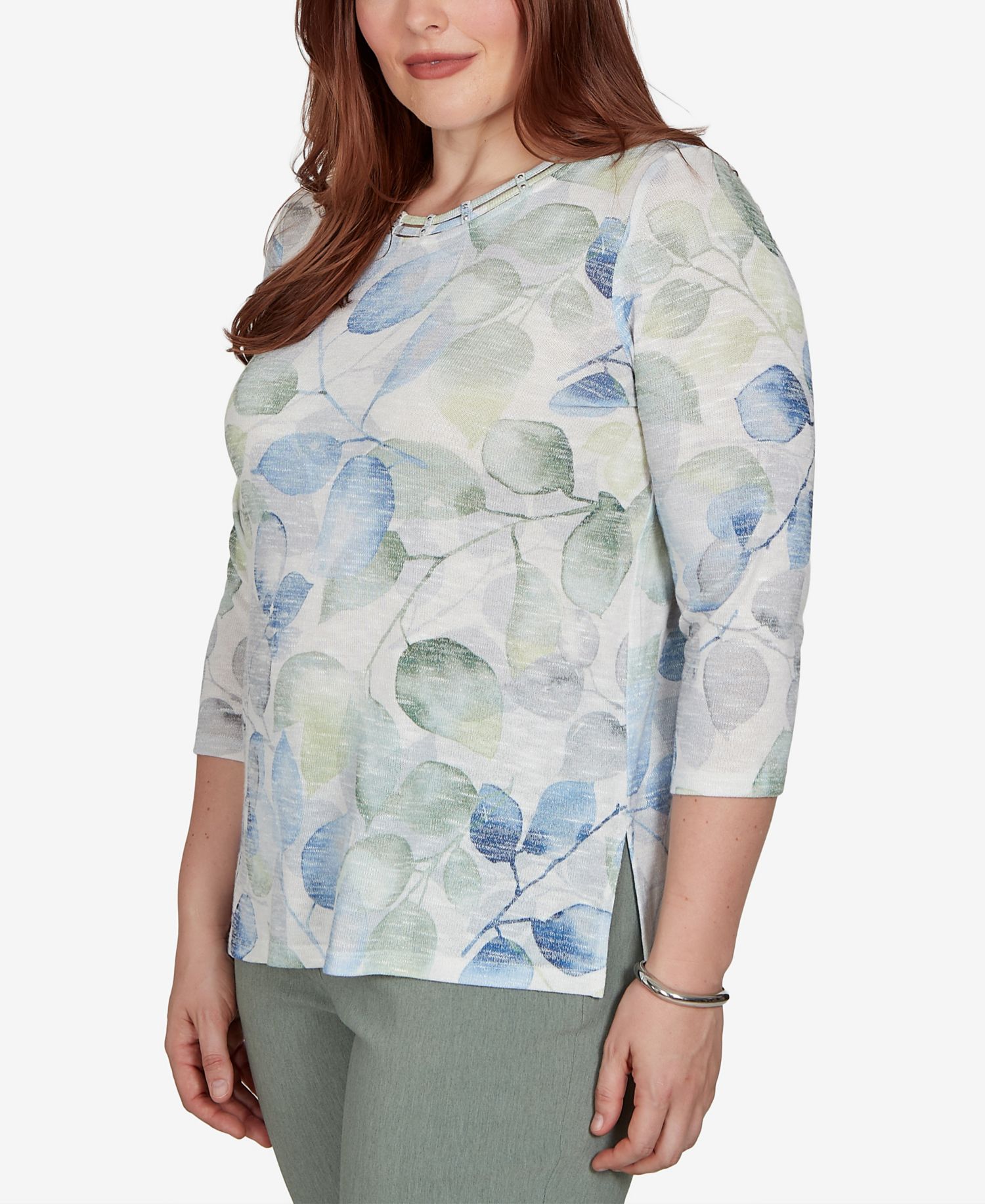 Petite Provence Watercolor Leaf Print 3/4 Sleeve Top
