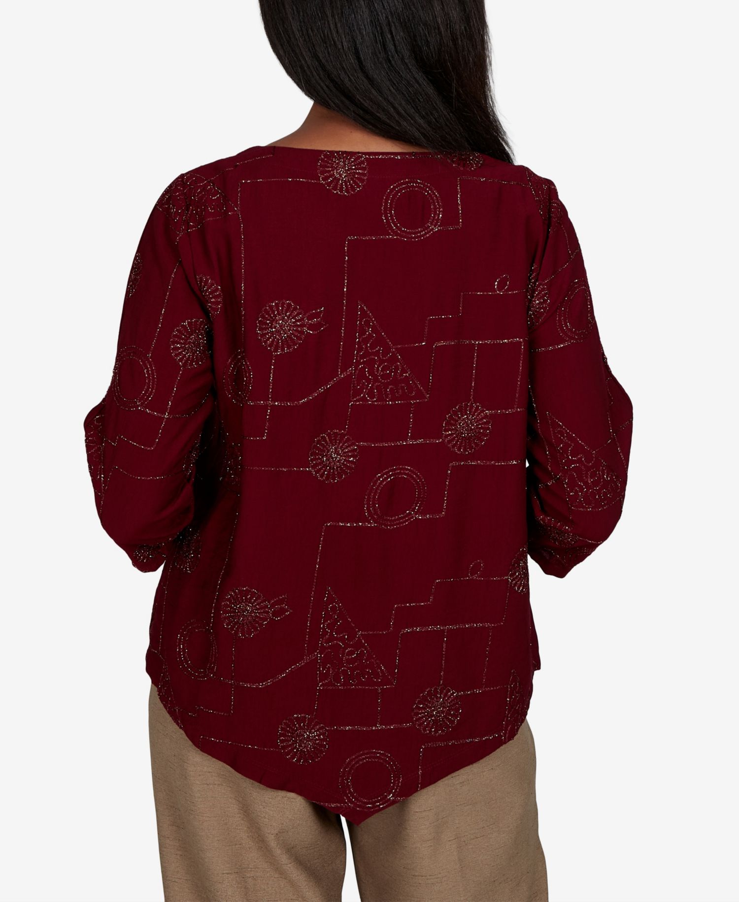 Petite Union Square Geometric-Floral 3/4-Sleeve Crewneck Rayon-Nylon Blend Blouse