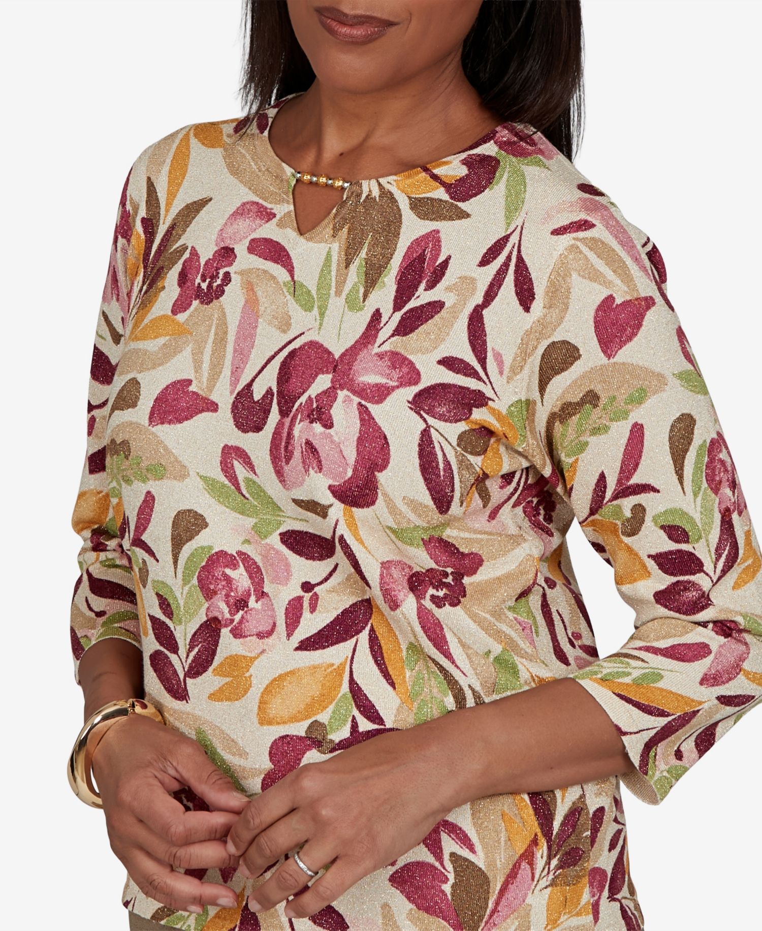 Petite Union Square Painterly Floral-Print 3/4-Sleeve Sweater
