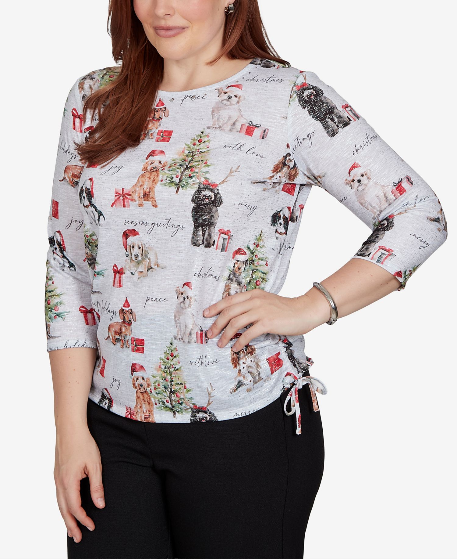 Petite Classic Gift Giving Dogs Holiday 3/4 Sleeve Knit Top