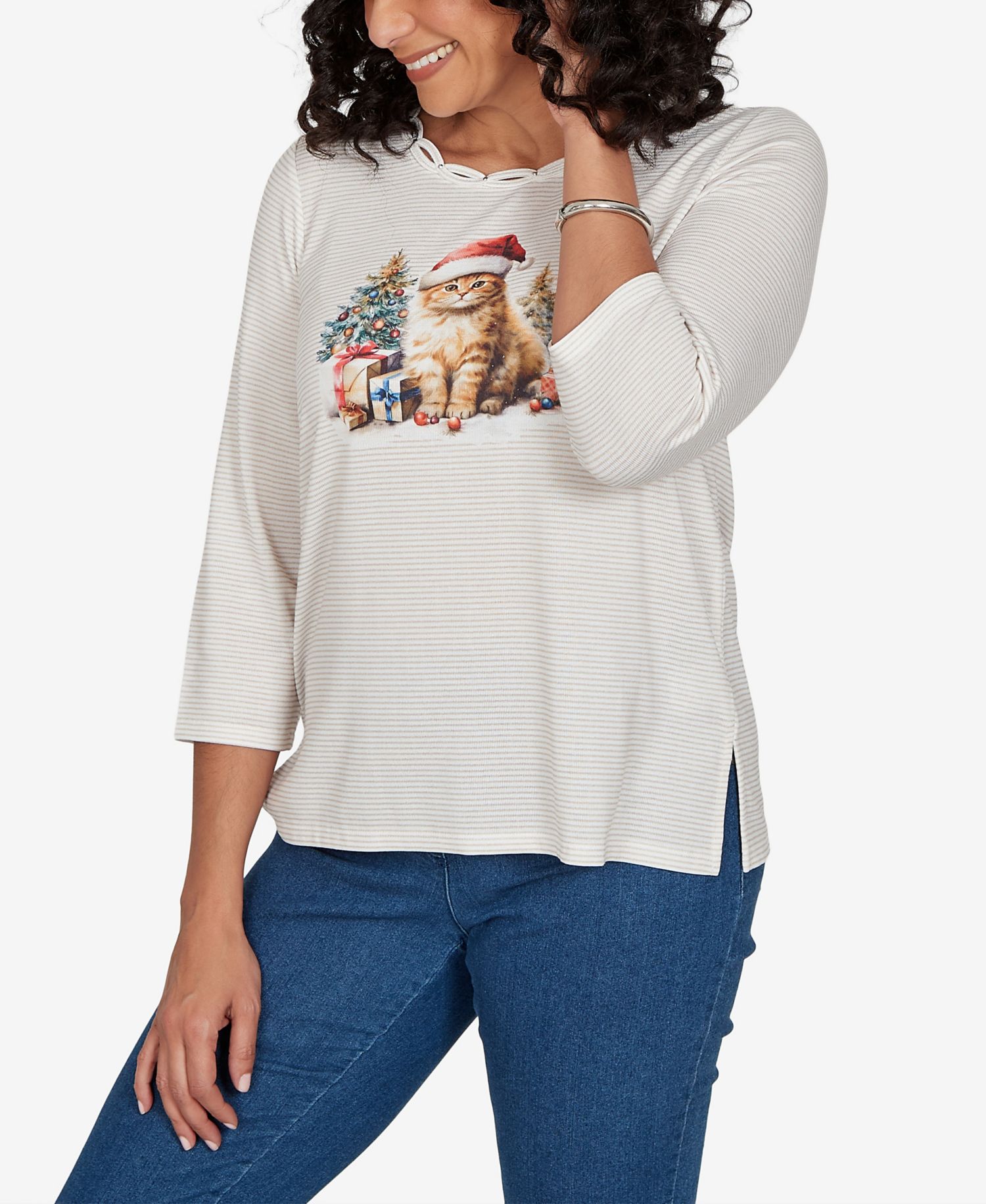 Petite Santa Cat Holiday 3/4-Sleeve Knit Top