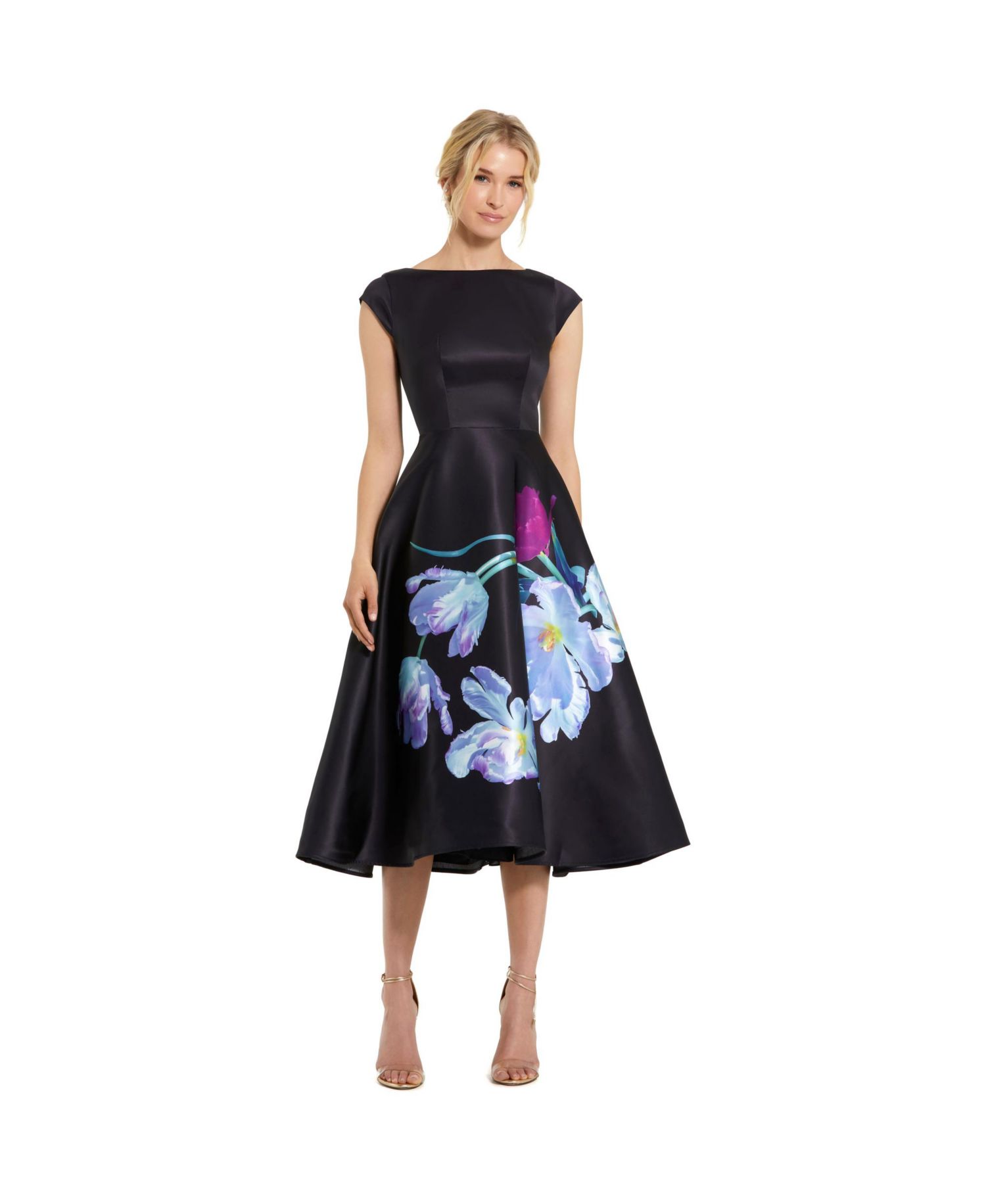 Floral Print Cap Sleeve Satin Midi Dress