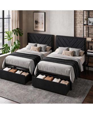 Set of 2 Upholstered Twin Platform Bed Frame with Charging Station Headboard and 2 Storage Drawers, Metal Frame