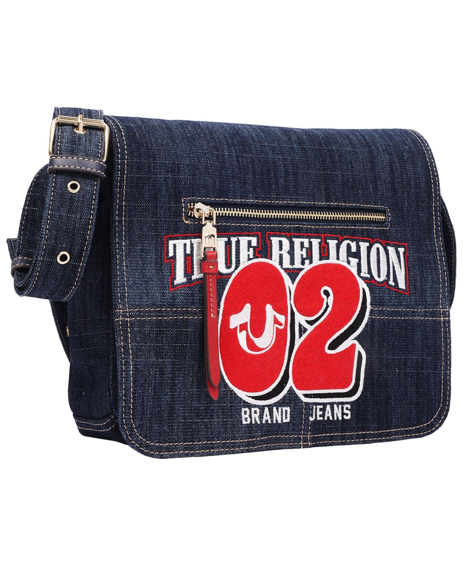 Women's Varsity Logo Zip Pocket Denim Messenger Bag – Dark Denim Crossbody Bag