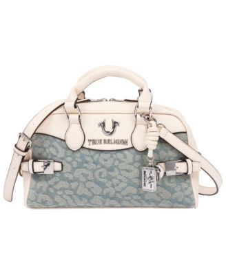 Brooks Leopard Denim Belted Satchel with Horseshoe Charm and Detachable Crossbody Strap