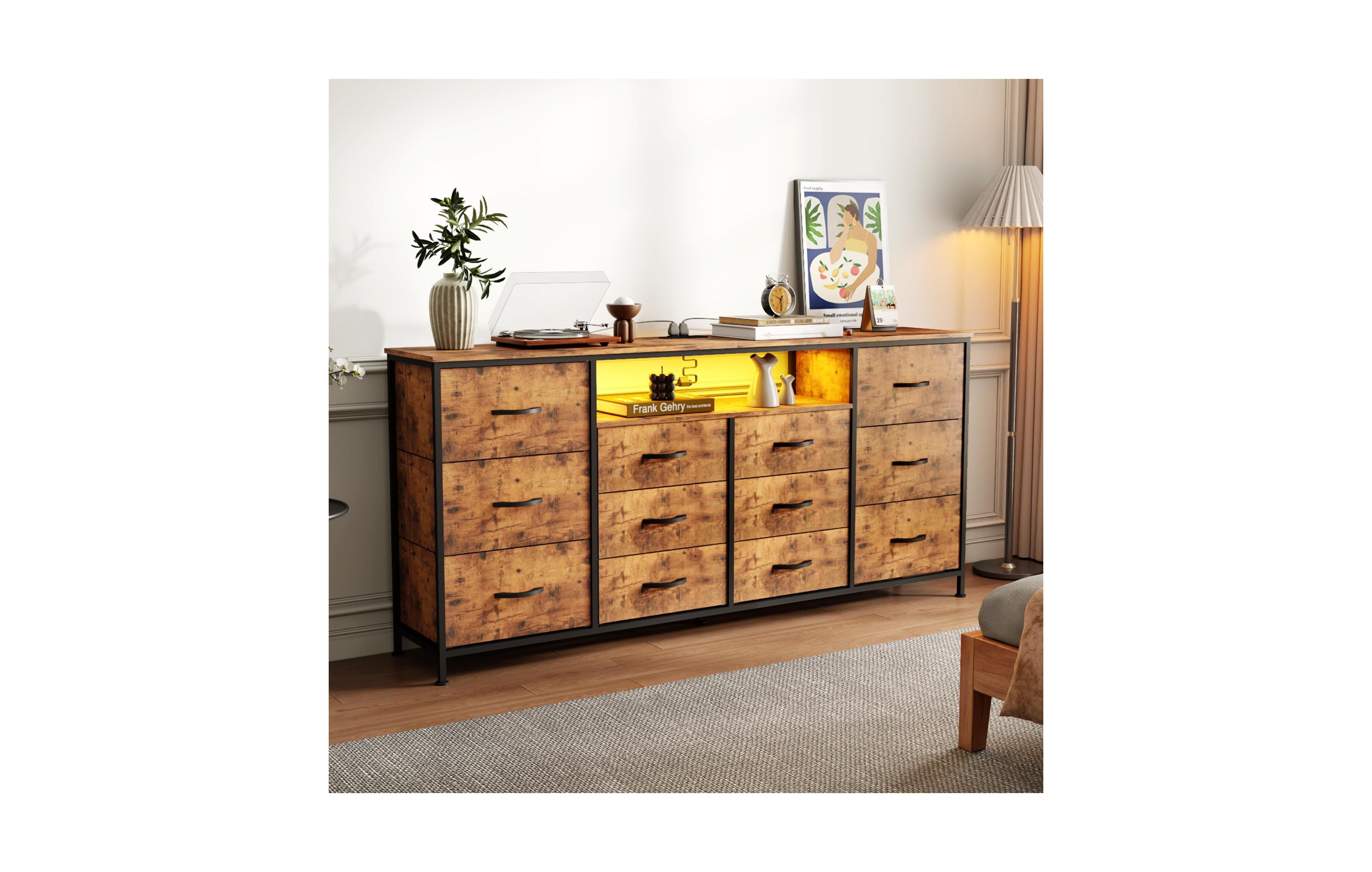 homfan Extra Long 63" Entertainment Center Tv Stand for 65-75 Inch TVs, 12 Drawer Fabric Dresser, Charging Station, Led Lights, Sturdy Metal Frame