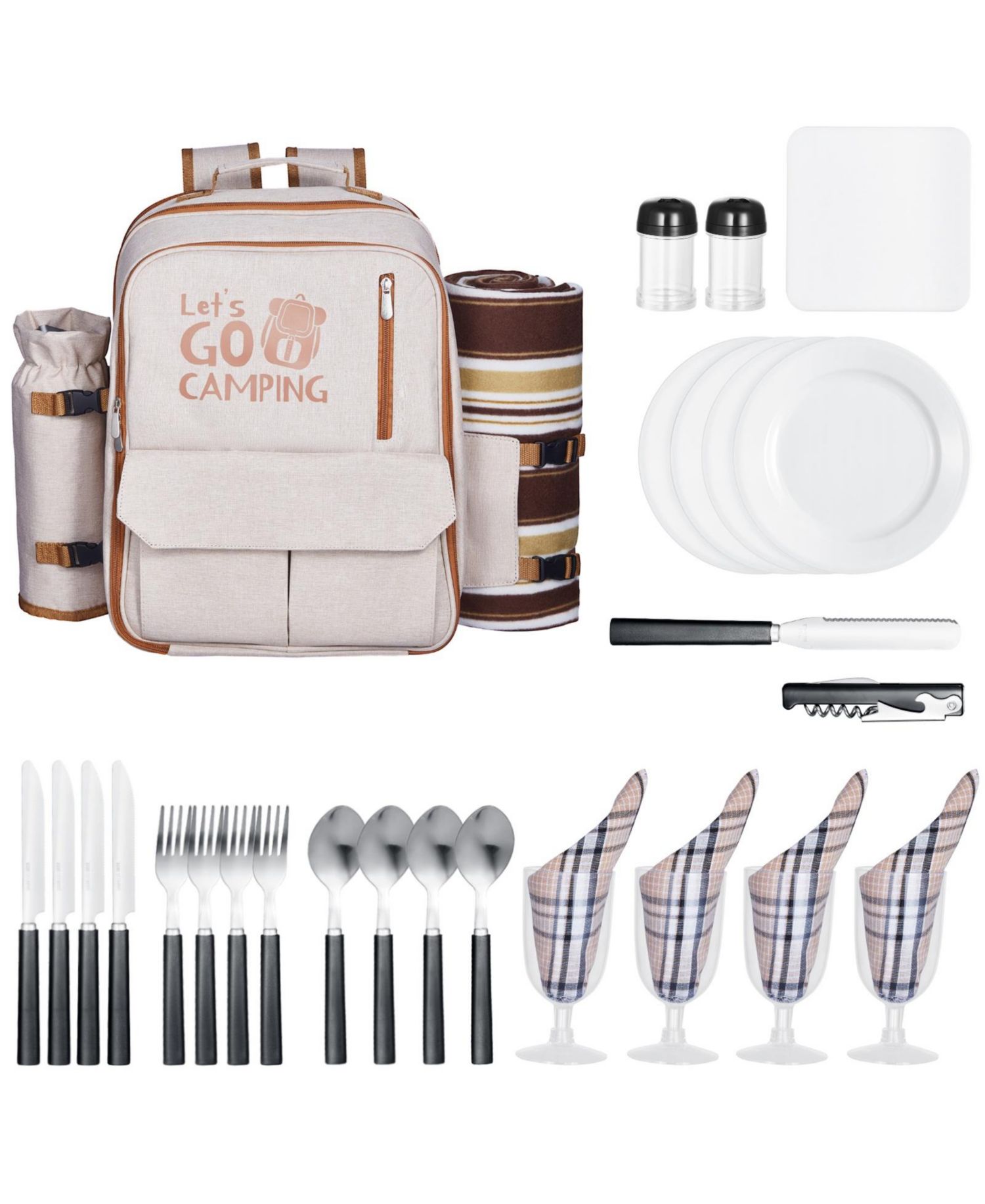Picnic Backpack for 4 with Insulated Cooler, Blanket, Plates and Cutlery Set, 20 L