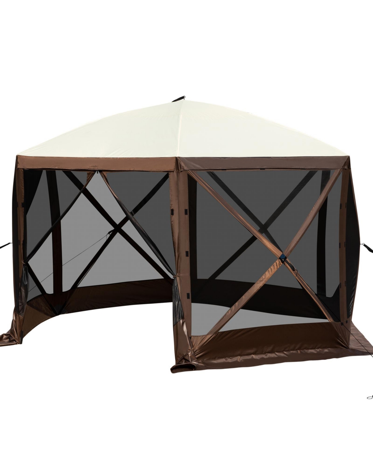 Sevorley Pop Up Gazebo Screen Tent, 12 x 12 feet 6-Sided Canopy with Mesh Windows - Brown  cream