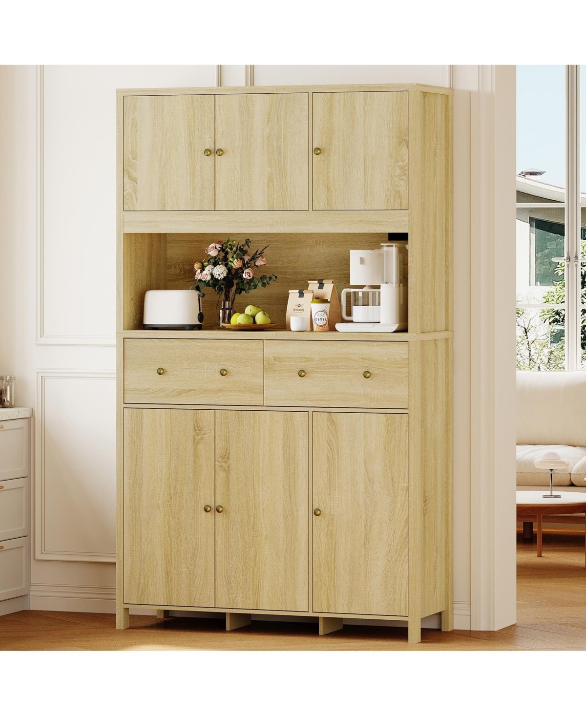 homfan 71" H Pantry Cabinet with Charging Station, Tall Kitchen Storage Countertop, Modern Hutch Drawers for Living Room, Dining Room