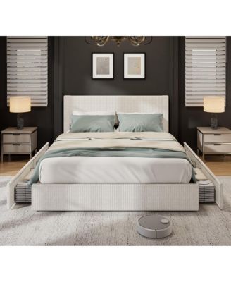 Platform Bed Frame with 4 Storage Drawers, Corduroy Channel Tufted Headboard Bed Frame with Strong Wooden Slat Support, No Box Spring Needed