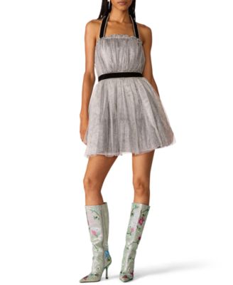 Juniors' Halter Open-Back Glittering Tulle Mini Dress